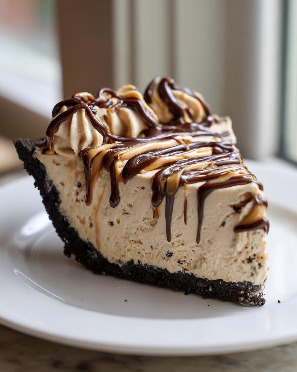 A decadent slice of no-bake peanut butter pie with a dark crust, topped with whipped filling and chocolate/peanut butter drizzle.