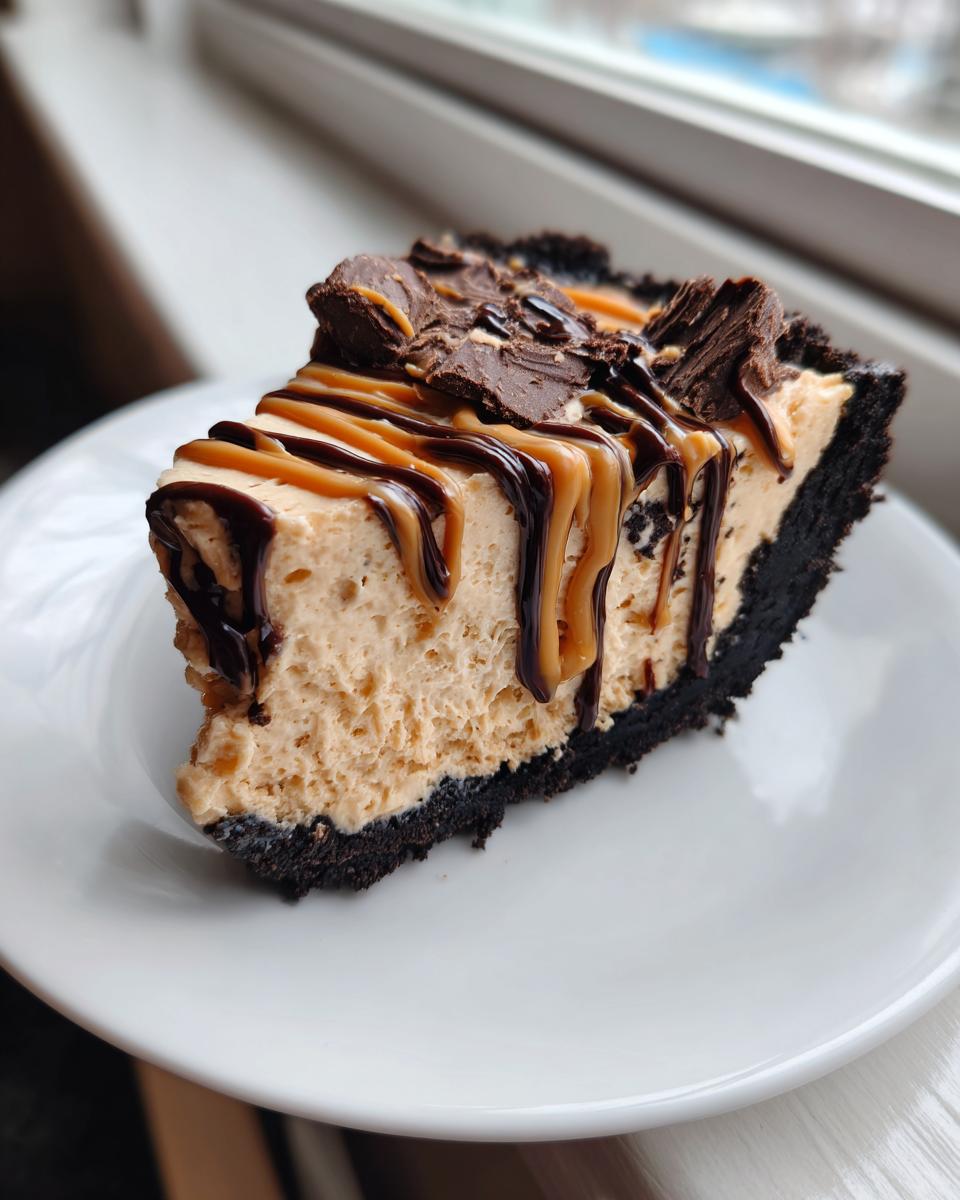 A decadent slice of peanut butter pie with a dark crust, topped with caramel and chocolate drizzles and chopped candy.