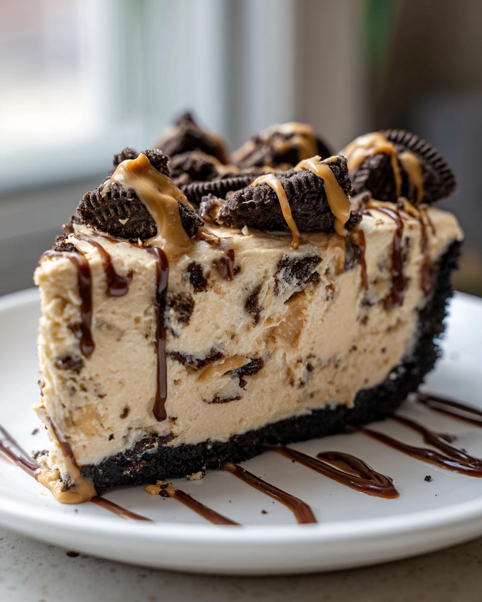 A decadent slice of peanut butter pie with a dark cookie crust, topped with cookie pieces and drizzled with peanut butter and chocolate sauce.