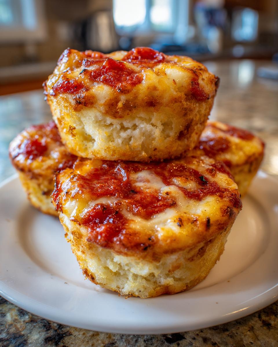 A stack of four golden brown pizza muffins topped with melted cheese and tomato sauce.