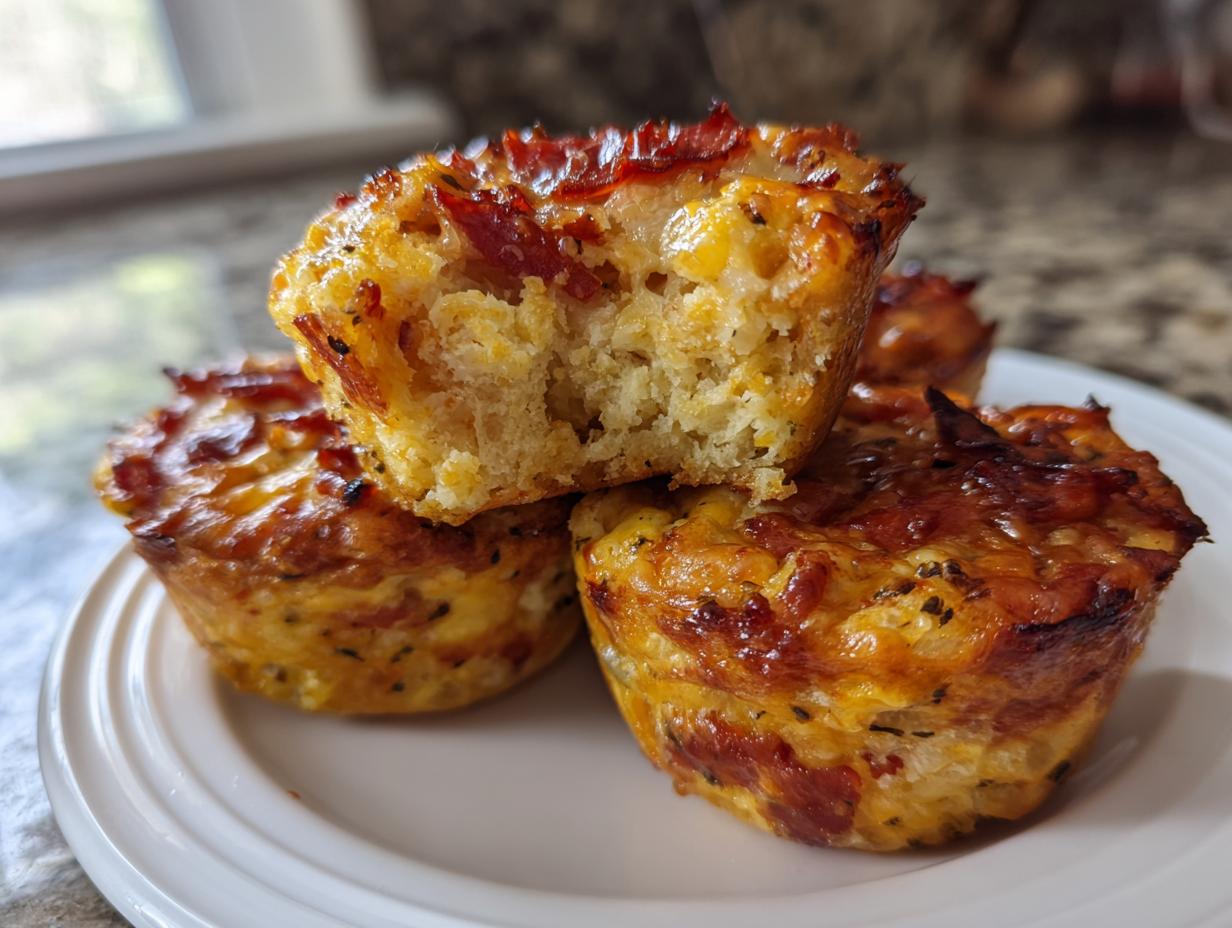 A stack of golden brown, savory pizza muffins, one cut open to show the fluffy interior and cheesy texture.