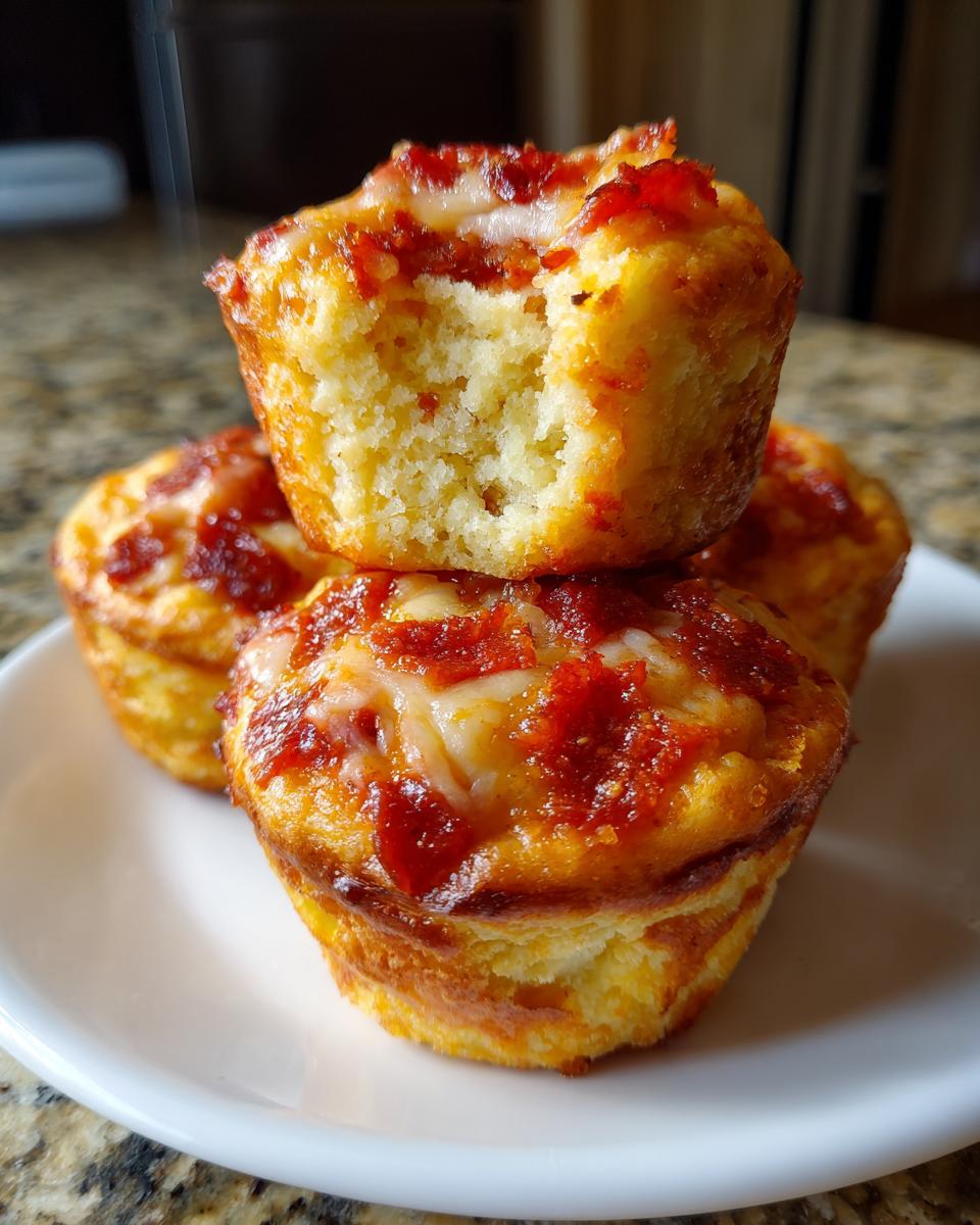 Three golden brown pizza muffins stacked on a white plate, one on top has a bite showing the fluffy interior.