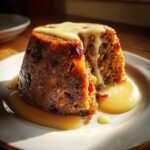 A close-up of a rich, dark plum pudding slice covered in creamy custard sauce, served on a white plate.