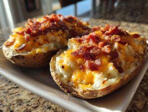 Two halves of a loaded potato casserole, stuffed with mashed potato, melted cheddar cheese, and topped generously with crispy bacon bits.