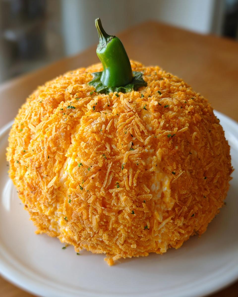 A festive pumpkin cheese ball coated in orange shredded cheese, topped with a green jalapeño stem.
