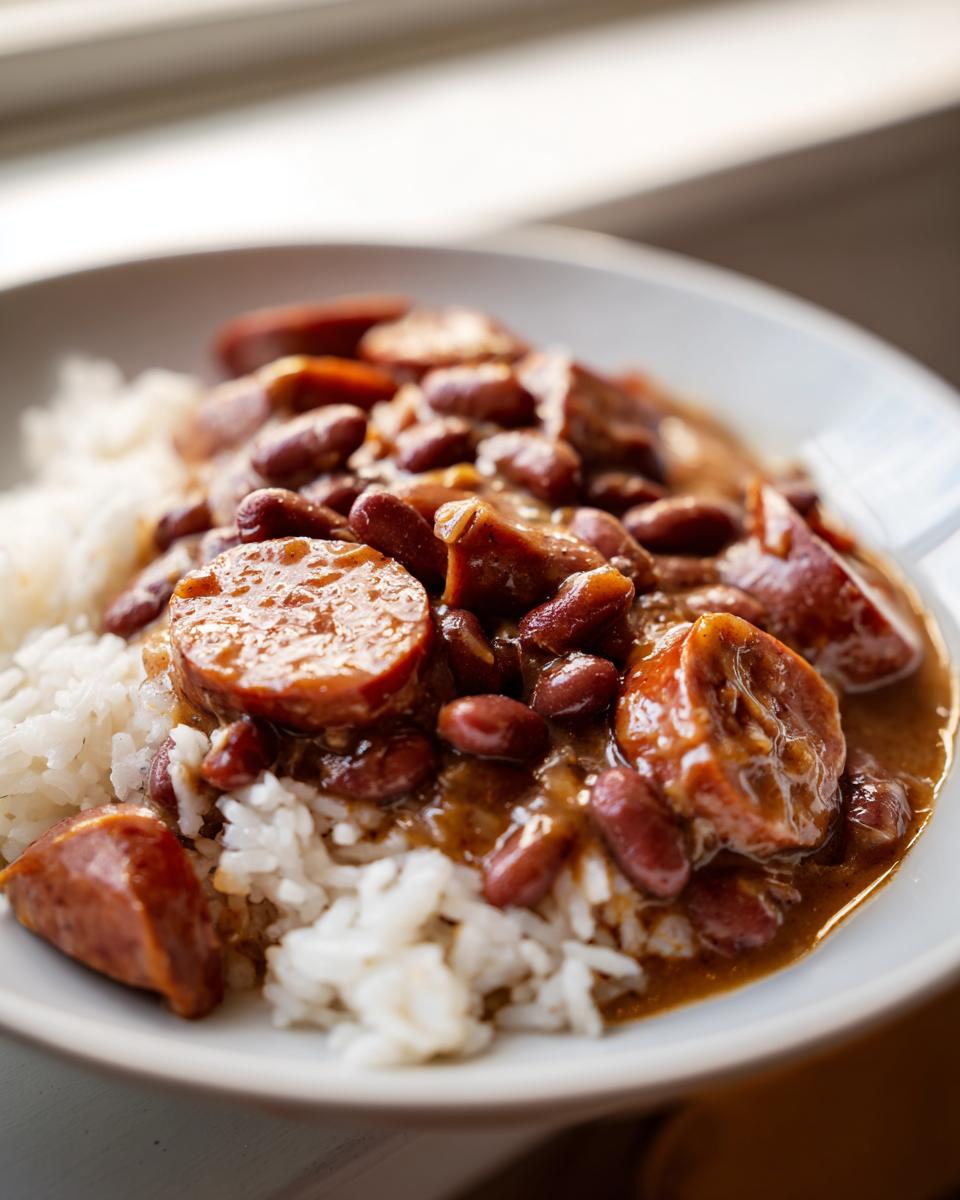 A close-up bowl of amazing red beans and rice topped generously with sliced smoked sausage.