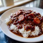 A close-up of a bowl of amazing red beans and rice topped with sliced smoked sausage.