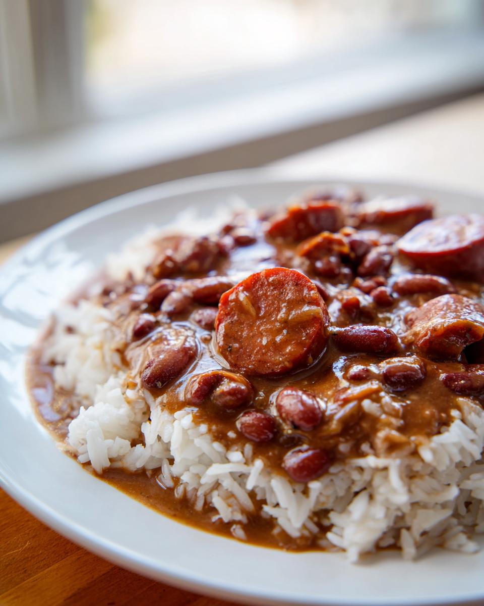 A close-up of a white plate filled with white rice topped generously with savory red beans and rice and sliced andouille sausage.