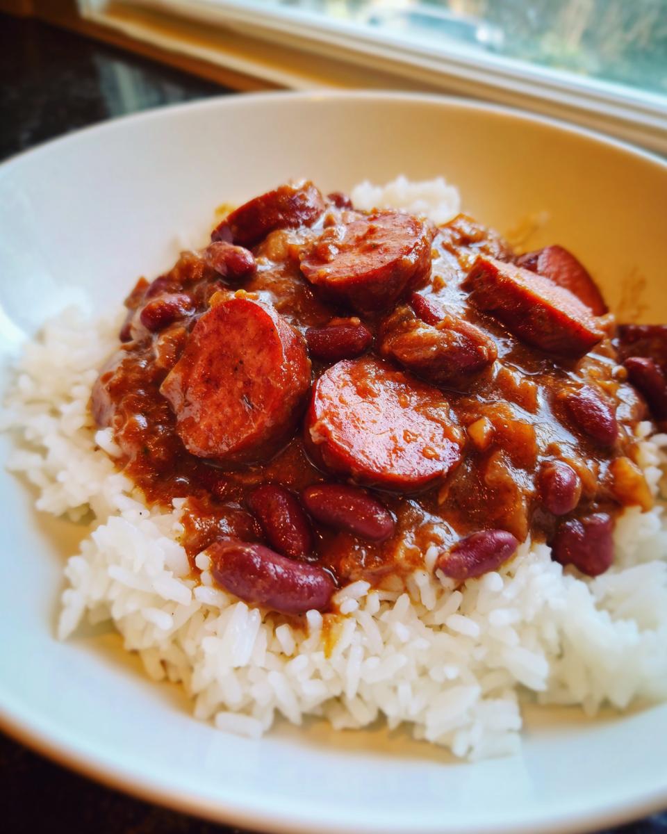 A close-up of a white bowl filled with white rice topped generously with savory red beans and slices of smoked sausage.