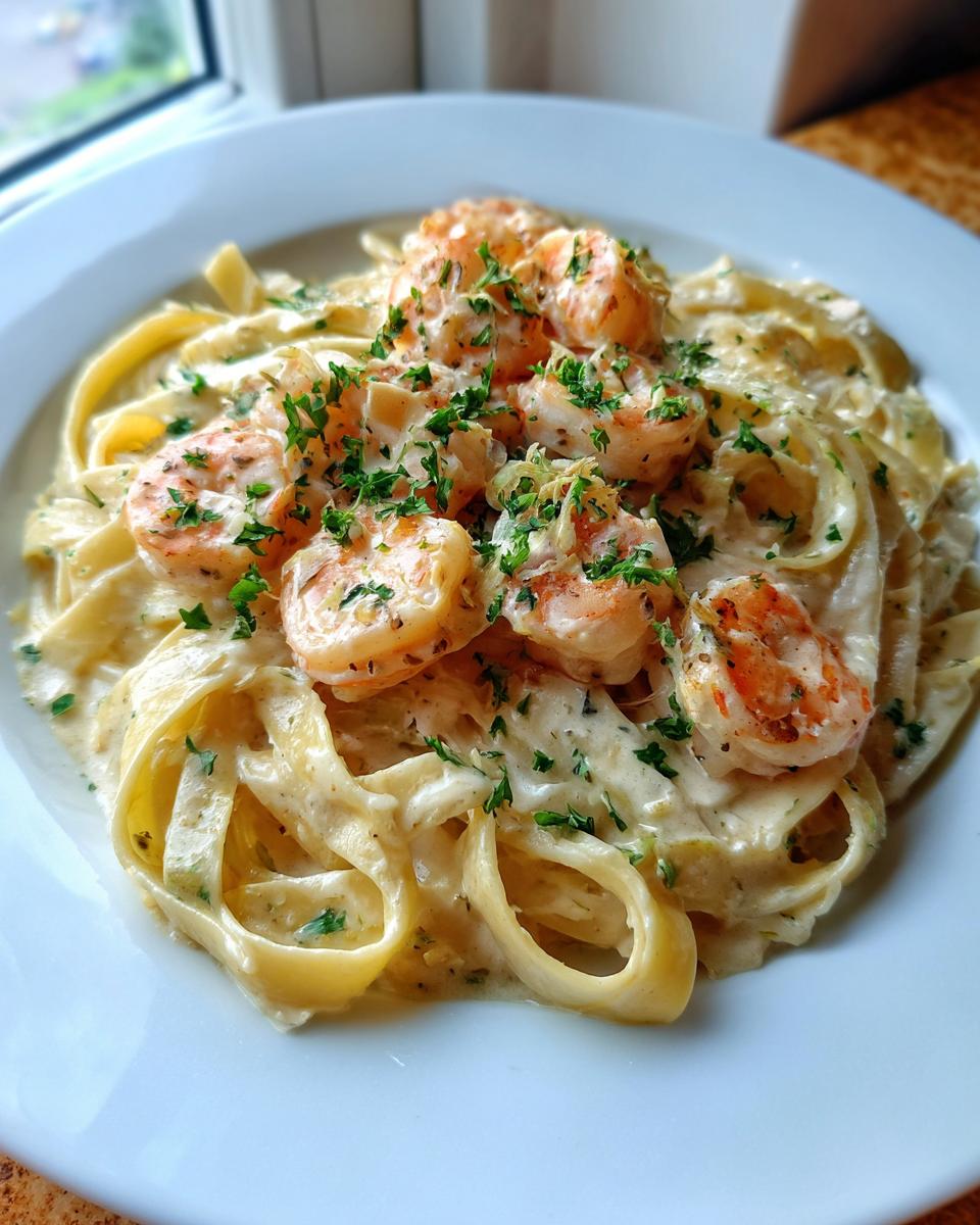 Close-up of creamy shrimp alfredo pasta with fettuccine noodles and fresh parsley garnish.