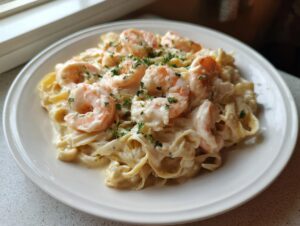 A white plate filled with creamy shrimp alfredo pasta, topped with pink shrimp and fresh parsley.