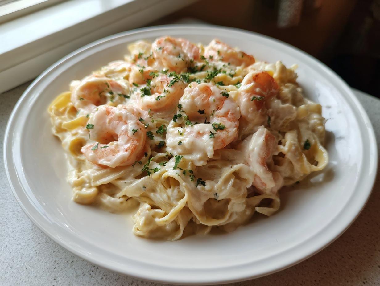 A white plate filled with creamy shrimp alfredo pasta, topped with pink shrimp and fresh parsley.