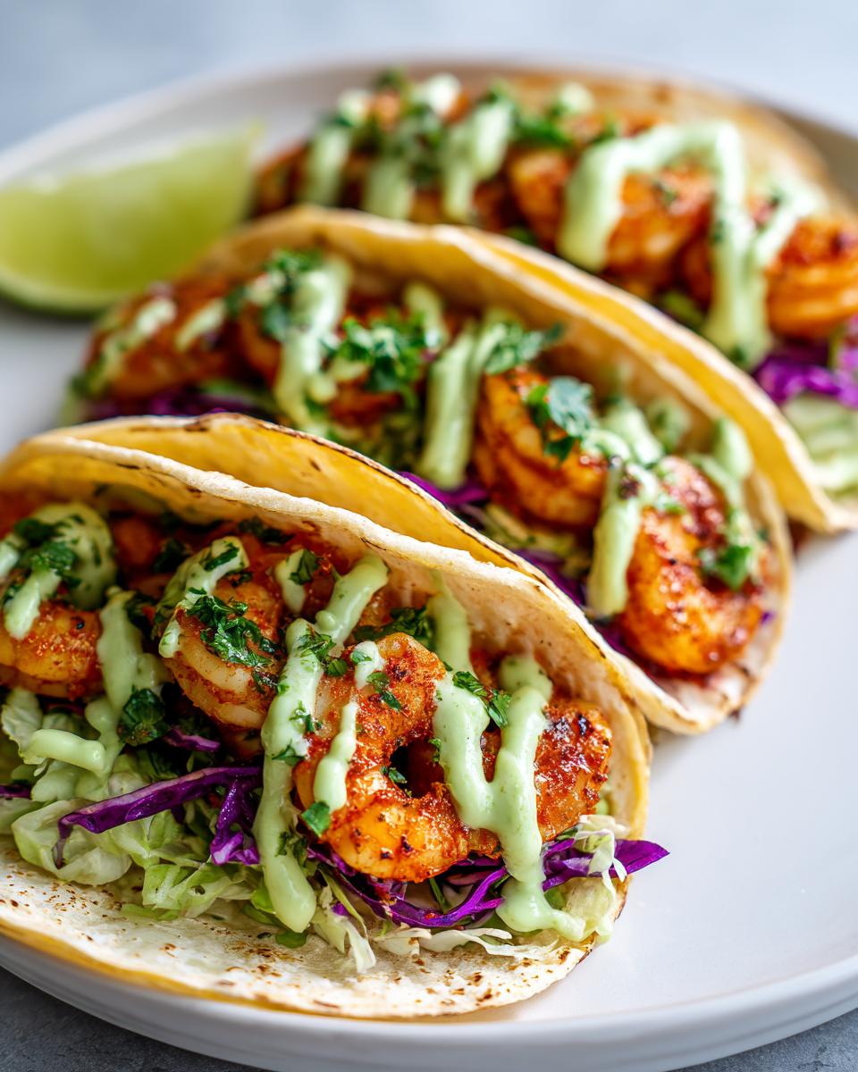 Three delicious shrimp taco shells filled with seasoned shrimp, cabbage slaw, and drizzled with a creamy green sauce.