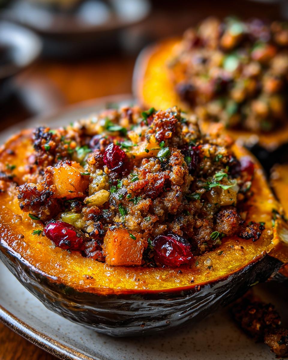 A close-up of an amazing stuffed acorn squash half, filled with savory stuffing, cranberries, and herbs.