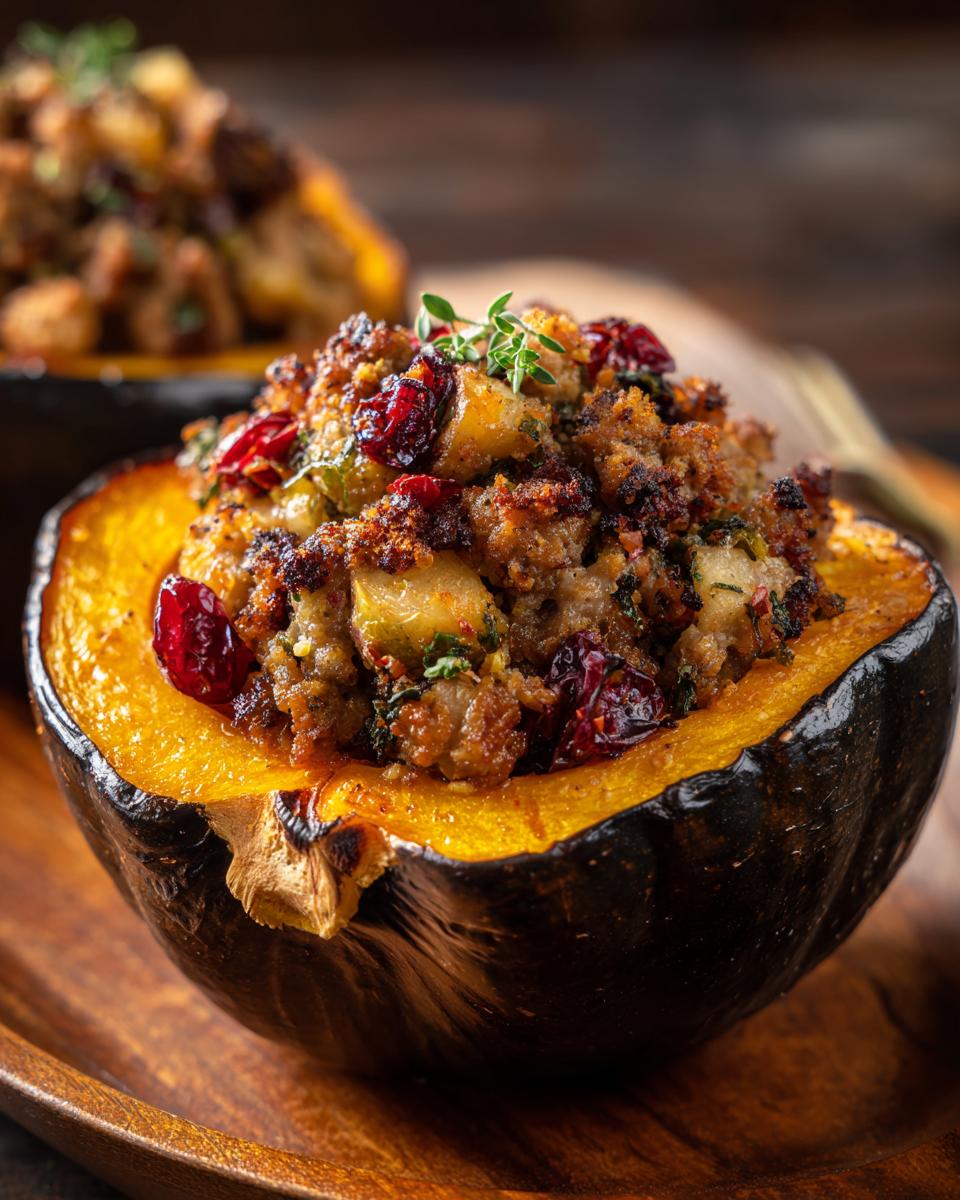 Close-up of a baked acorn squash half filled with savory stuffing, featuring cranberries and garnished with thyme for the perfect stuffed acorn squash.