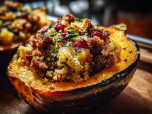 A close-up of a perfectly roasted stuffed acorn squash half filled with quinoa stuffing, cranberries, and herbs.