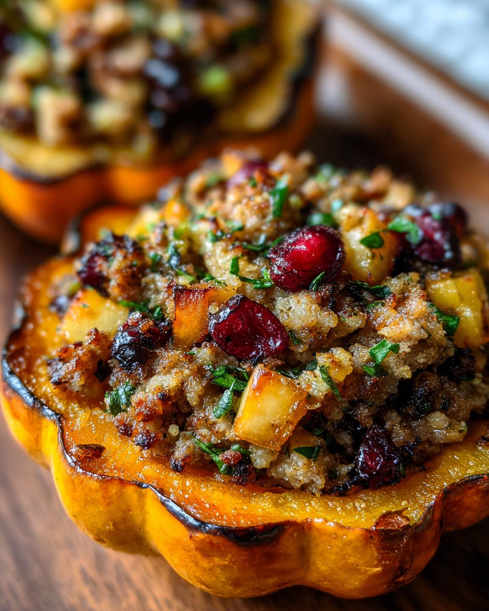 Close-up of a beautifully baked stuffed acorn squash overflowing with savory stuffing, dried cranberries, and herbs.