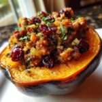 Close-up of a roasted acorn squash half filled with savory stuffing and dried cranberries, a perfect stuffed acorn squash.