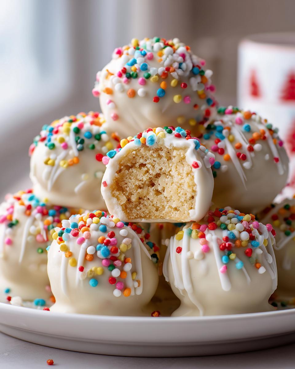 A stack of white chocolate coated sugar cookie truffles topped with colorful sprinkles, one is broken open showing the texture.