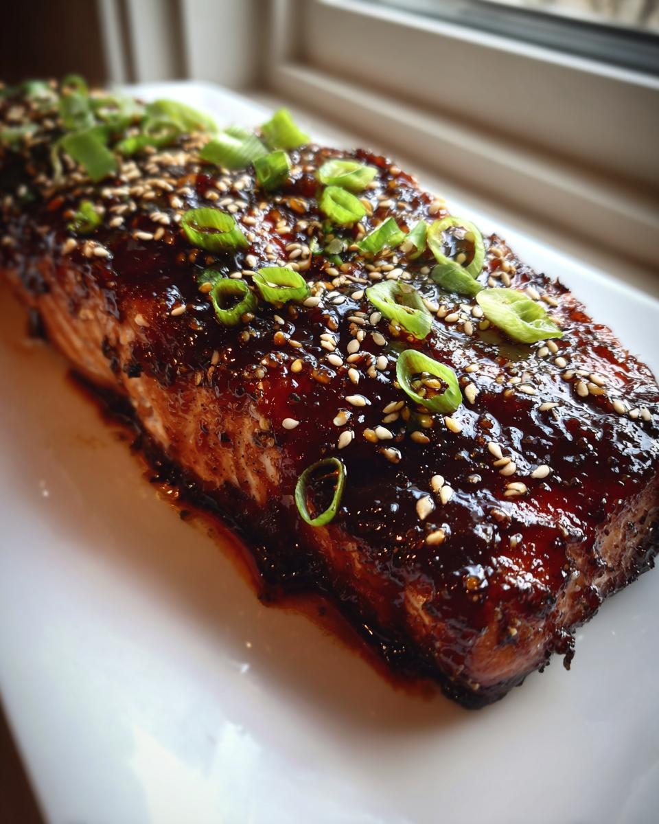 A close-up of a perfectly cooked fillet of teriyaki salmon covered in a thick, dark glaze, sesame seeds, and sliced green onions.