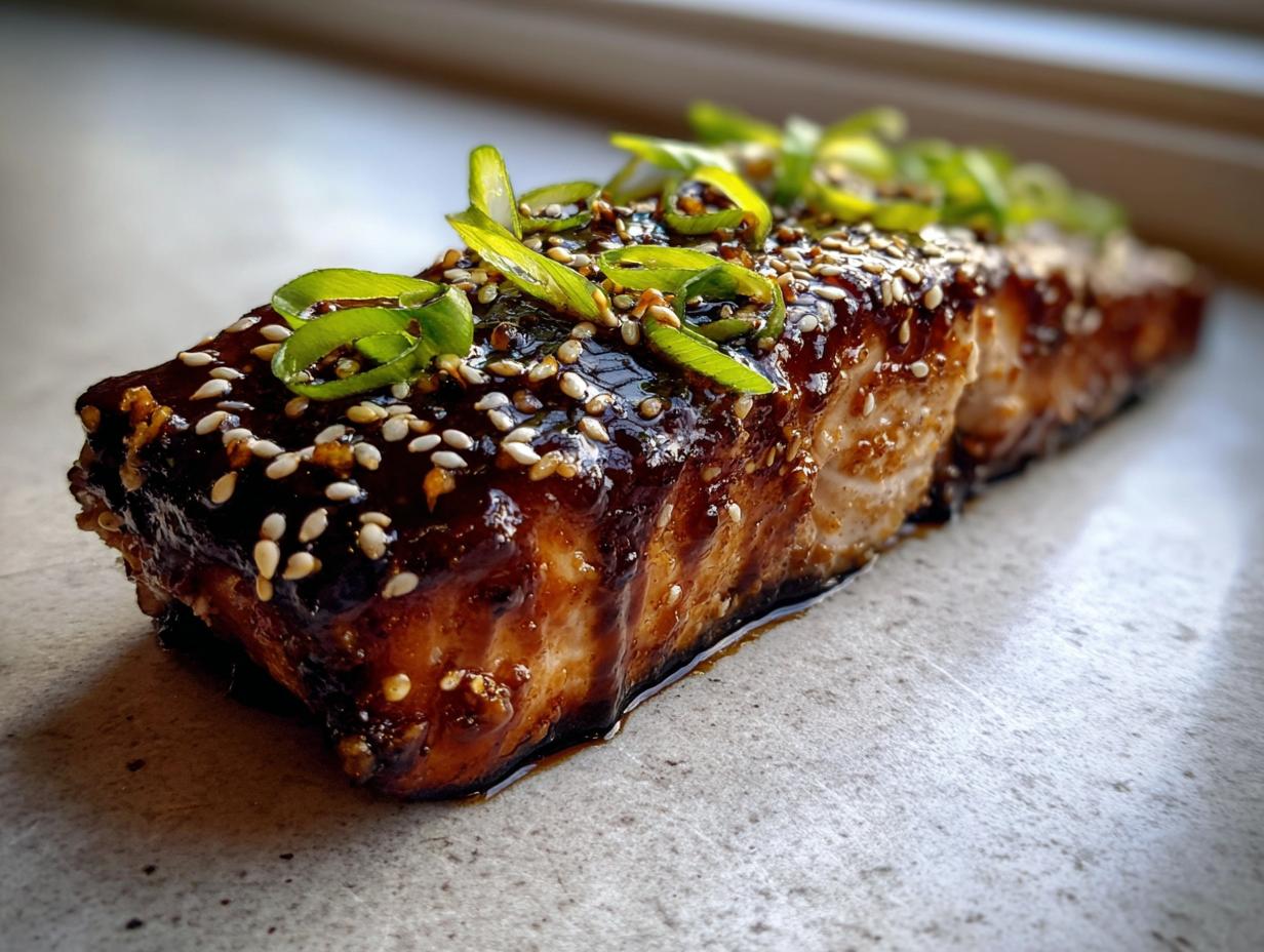 Close-up of a perfectly cooked piece of teriyaki salmon glazed with a dark sauce, topped with sesame seeds and sliced green onions.