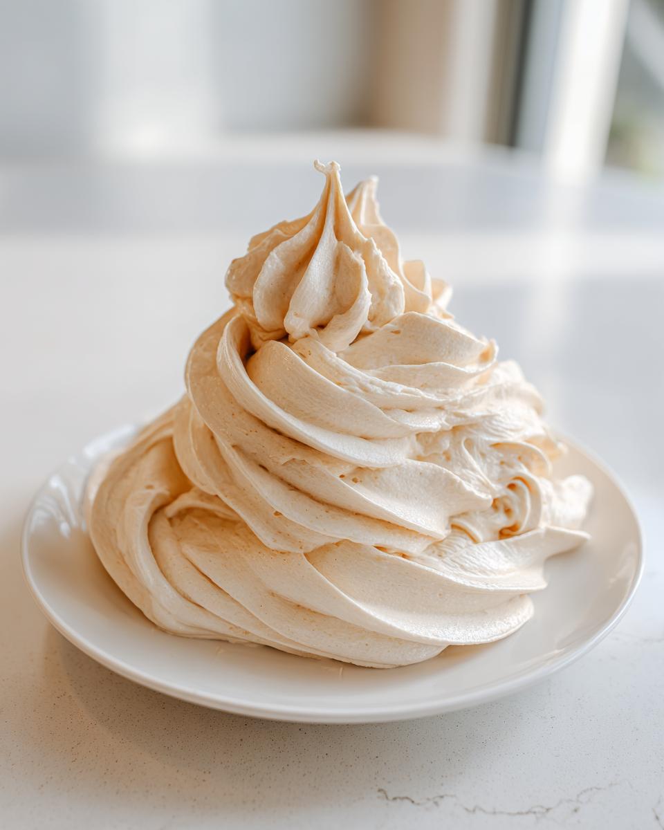 A tall, perfectly piped swirl of light beige vanilla buttercream frosting sitting on a small white plate.