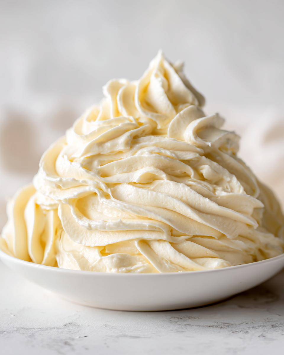 A generous swirl of pale yellow vanilla buttercream frosting piled high in a white bowl.