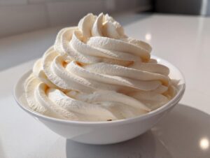 A beautiful, tall swirl of creamy white vanilla buttercream frosting piped into a small white bowl.