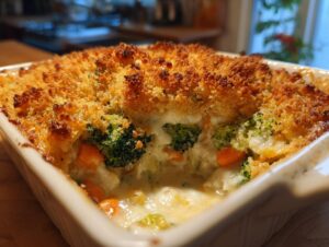 Close-up of a creamy vegetable casserole featuring broccoli and carrots under a perfectly browned, crispy breadcrumb topping.