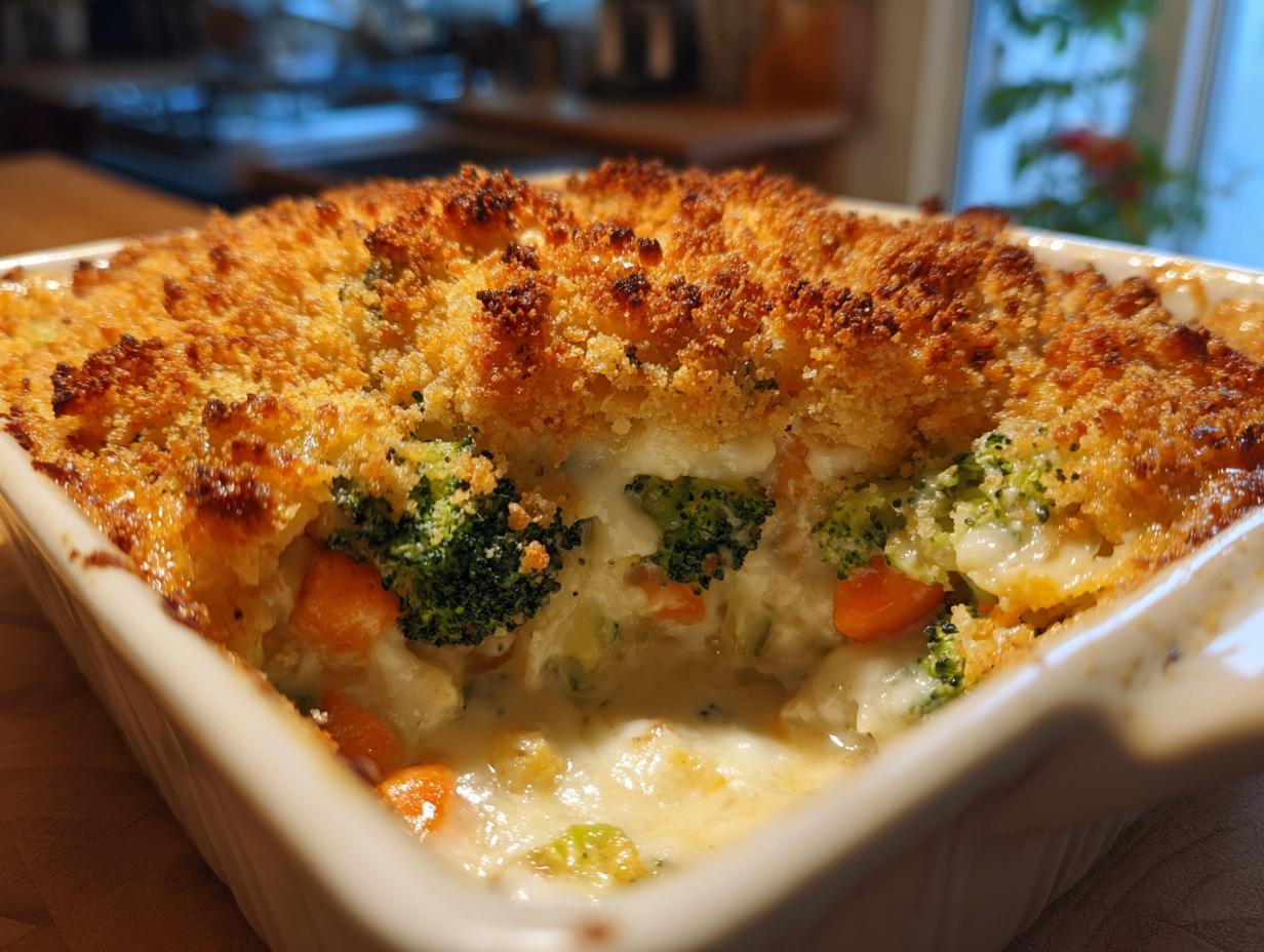Close-up of a creamy vegetable casserole featuring broccoli and carrots under a perfectly browned, crispy breadcrumb topping.