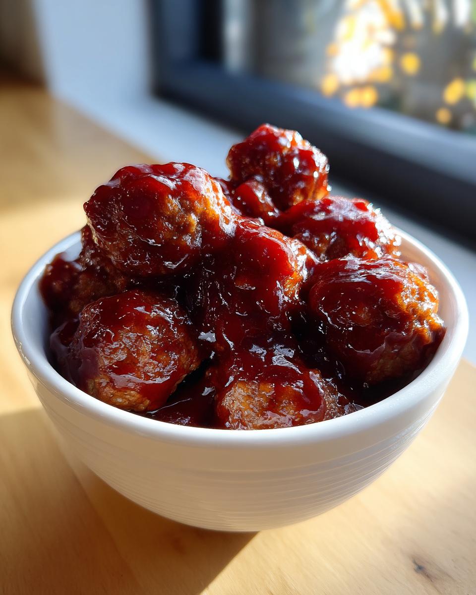 Close-up of cocktail meatballs smothered in a thick, glossy, dark red sauce in a white bowl.
