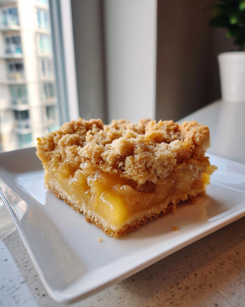 A square slice of apple pie dump cake with a thick, gooey apple filling and a crunchy streusel topping on a white plate.