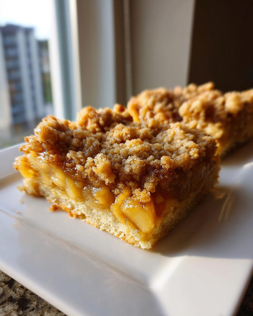 Close-up of a square slice of apple pie dump cake showing a thick layer of spiced apples and a buttery crumble topping.