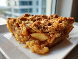 Close-up of a moist slice of apple pie dump cake showing tender apples and a thick, crunchy cinnamon crumb topping.