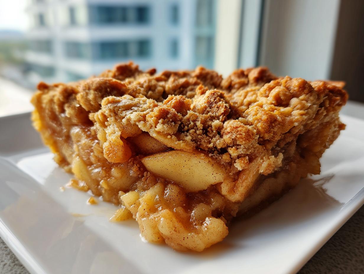 Close-up of a moist slice of apple pie dump cake showing tender apples and a thick, crunchy cinnamon crumb topping.