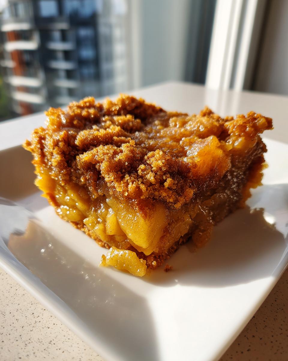 Close-up of a square slice of moist apple pie dump cake with a thick, brown sugar crumble topping.