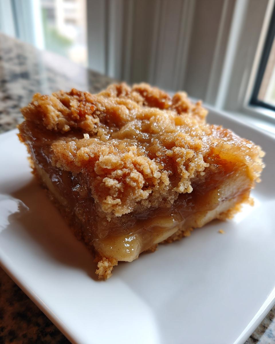 A close-up of a square serving of apple pie dump cake showing gooey apple filling and a thick, crumbly topping.