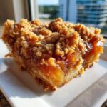 A close-up, tempting serving of apple pie dump cake with a crumbly topping and gooey filling.
