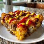 A close-up slice of bacon cheeseburger casserole topped with melted cheese, ketchup, and mustard.