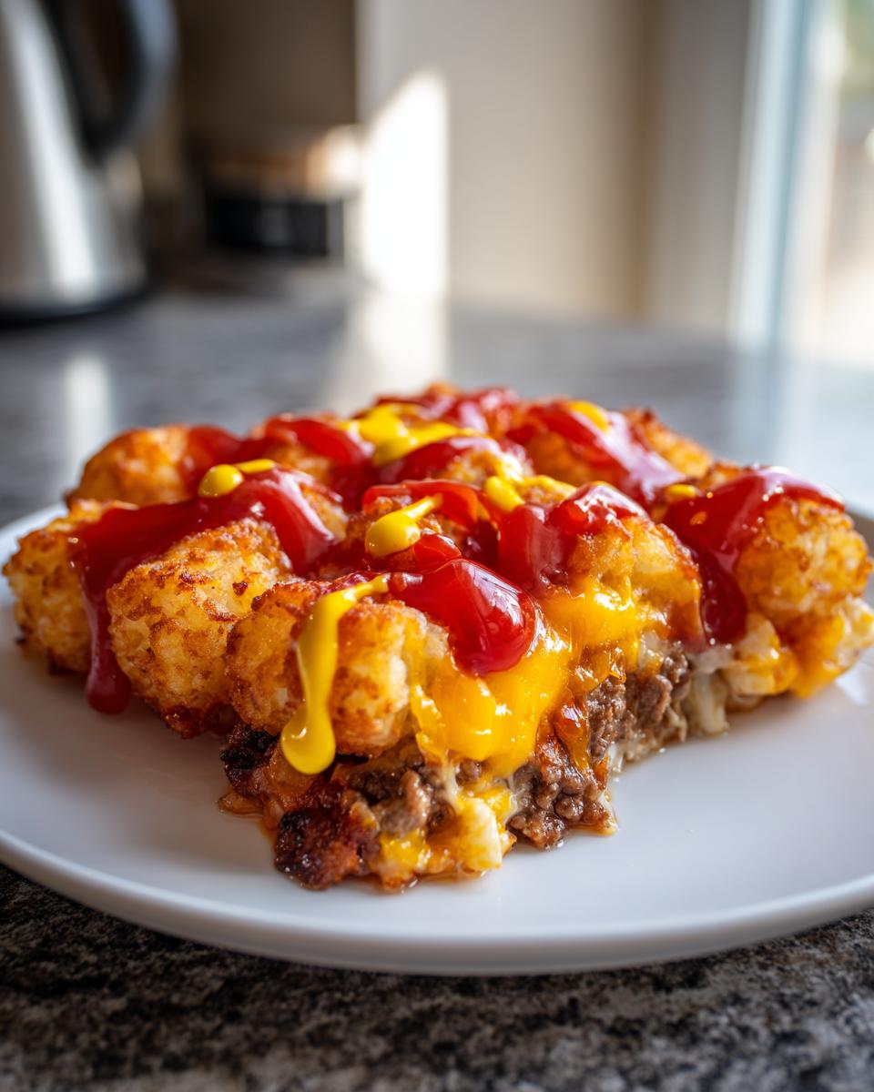 A close-up of a serving of bacon cheeseburger casserole topped with melted cheese, ketchup, and mustard.