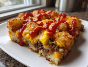 A slice of bacon cheeseburger casserole topped with melted cheese, tater tots, and a drizzle of ketchup.
