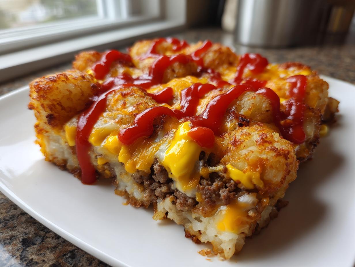 A slice of bacon cheeseburger casserole topped with melted cheese, tater tots, and a drizzle of ketchup.