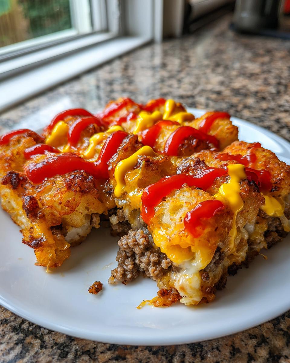 A serving of bacon cheeseburger casserole topped with melted cheese, ketchup, and mustard on a white plate.
