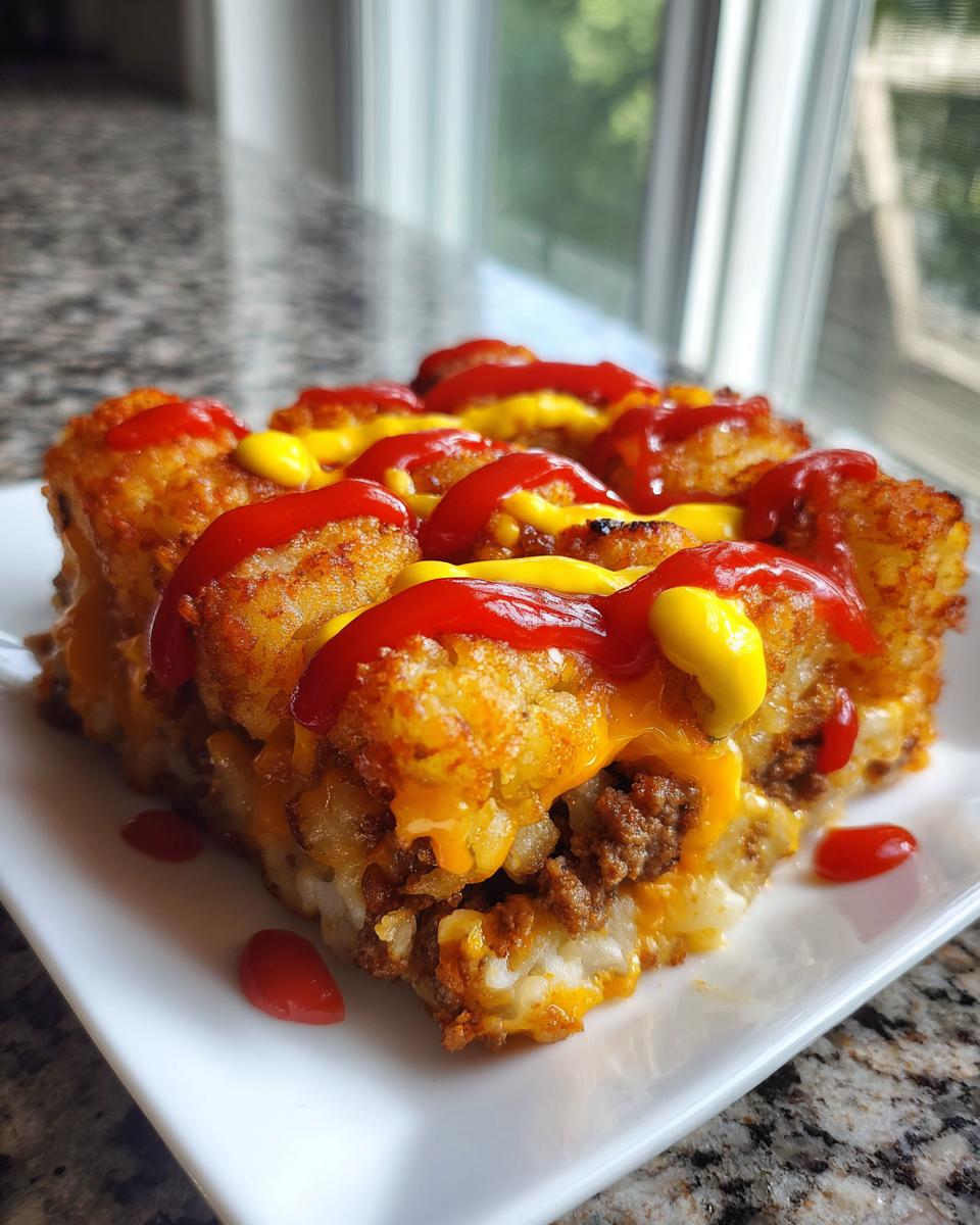 A square slice of bacon cheeseburger casserole topped with tater tots, melted cheese, ketchup, and mustard.