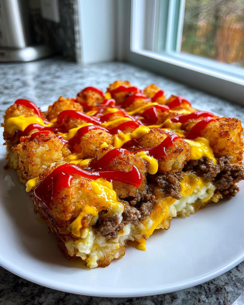A slice of bacon cheeseburger casserole topped with crispy tater tots, melted cheese, ketchup, and mustard.