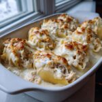 Close-up of baked chicken alfredo stuffed shells covered in creamy sauce and browned cheese in a white dish.