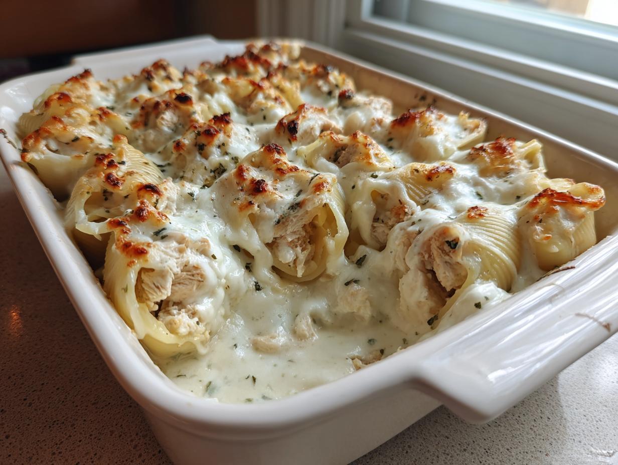Close-up of baked chicken alfredo stuffed shells covered in melted, browned cheese sauce in a white baking dish.