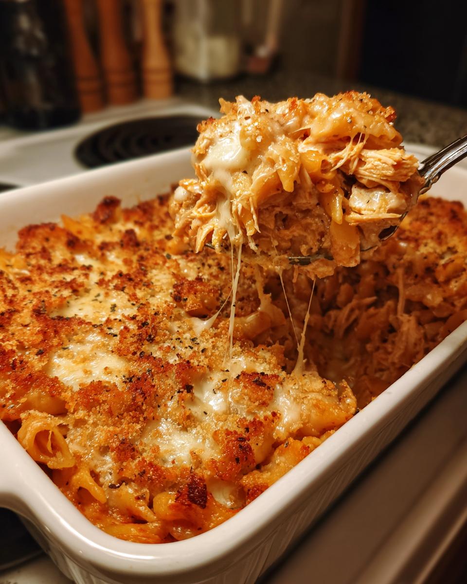A spoonful of cheesy Baked chicken Parmesan casserole being lifted from a white baking dish, showing melted cheese pulls.