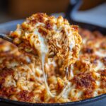 A spoonful of cheesy, saucy Baked chicken Parmesan casserole being lifted, showing melted mozzarella stretch.