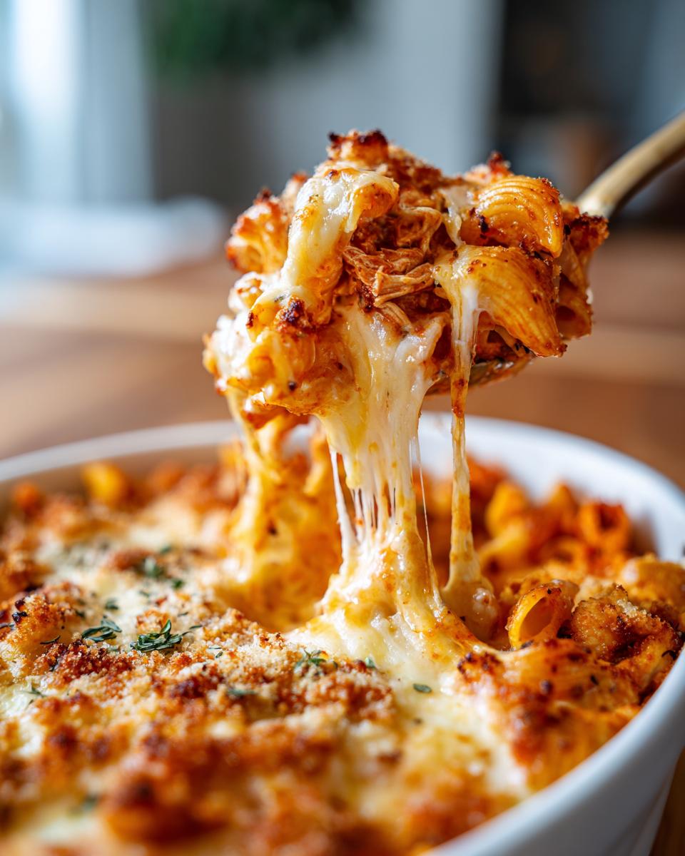 Serving spoonful of Baked chicken Parmesan casserole showing extreme cheese pull over the dish.
